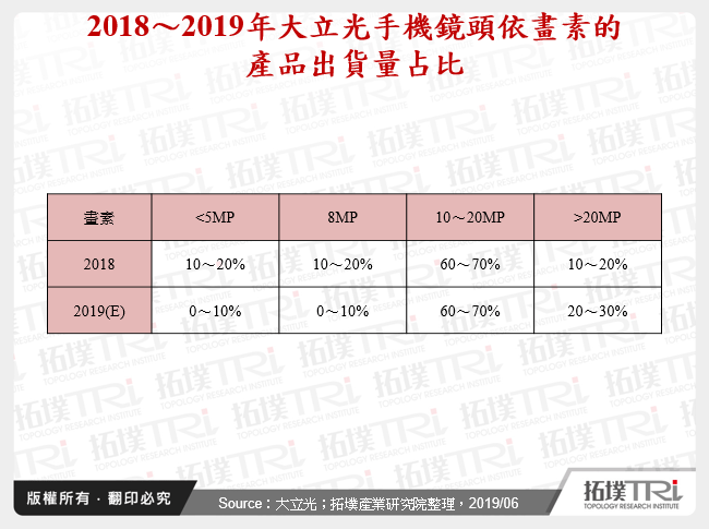 2018～2019年大立光手機鏡頭依畫素的產品出貨量占比