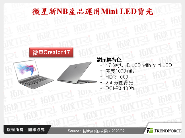 微星新NB產品運用Mini LED背光