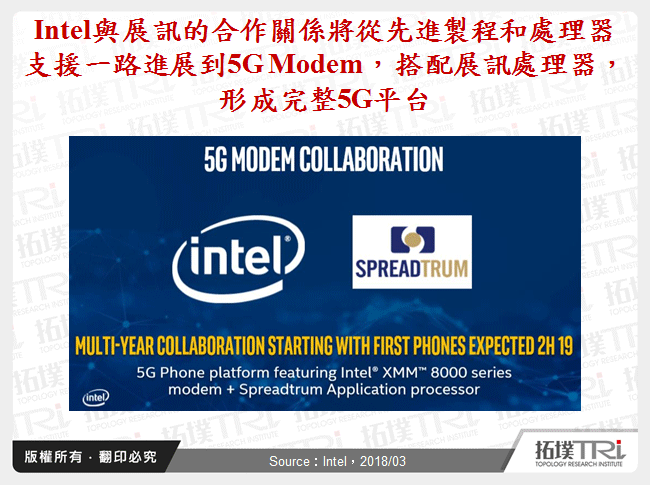 Intel與展訊的合作關係將從先進製程和處理器支援一路進展到5G Modem，搭配展訊處理器，形成完整5G平台